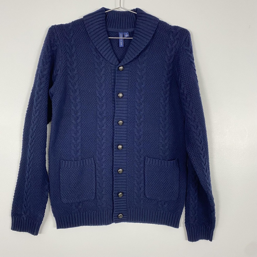 Janie And Jack Cardigan Sweater Boys 18 Blue Cable Knit Shawl Collar Pockets